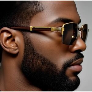 Rectangle Sunglasses Gold‎ Frame Dark Brown Lens Wood Arms Men Buffs Trendy New